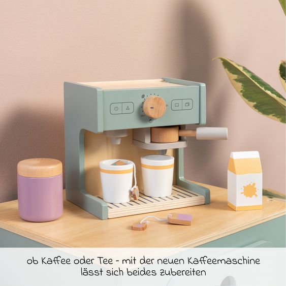 MUSTERKIND 12-tlg. Kaffeemaschine Coffea mit Kaffee-Pads, Becher, Teebeutel, Milchpackung, & Keksdose mit Keks - Salbei / Natur