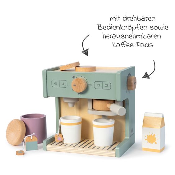 MUSTERKIND 12-tlg. Kaffeemaschine Coffea mit Kaffee-Pads, Becher, Teebeutel, Milchpackung, & Keksdose mit Keks - Salbei / Natur