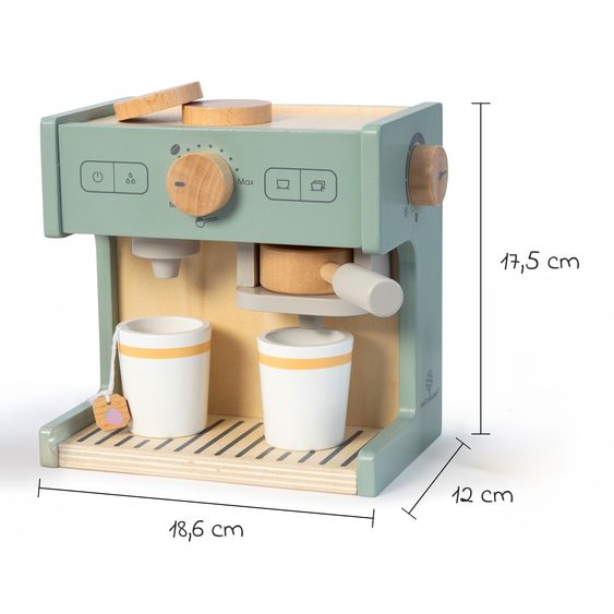 MUSTERKIND 12-tlg. Kaffeemaschine Coffea mit Kaffee-Pads, Becher, Teebeutel, Milchpackung, & Keksdose mit Keks - Salbei / Natur