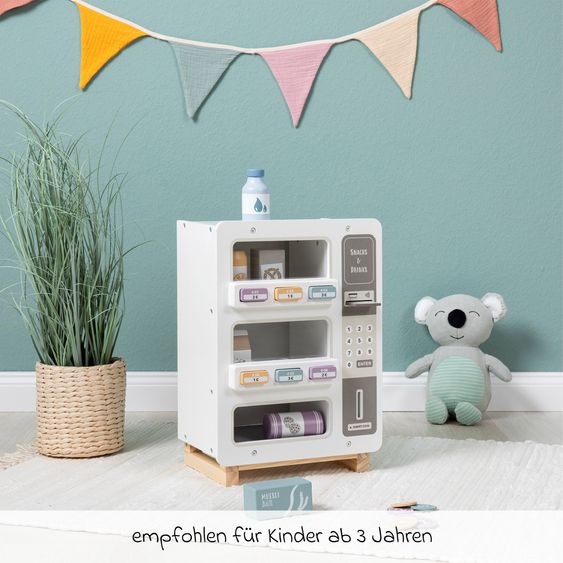 MUSTERKIND 14-tlg. Verkaufsautomat Cormus mit 6 Snacks & Drinks, Spielgeld & Kreditkarte - Weiß / Mehrfarbig
