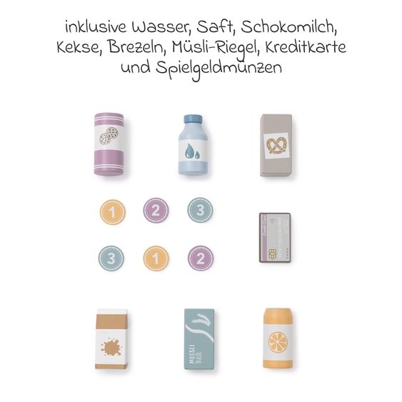 MUSTERKIND 14-tlg. Verkaufsautomat Cormus mit 6 Snacks & Drinks, Spielgeld & Kreditkarte - Weiß / Mehrfarbig