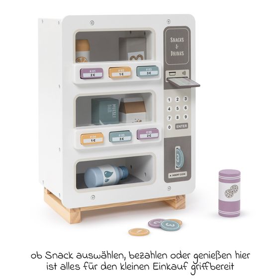 MUSTERKIND 14-tlg. Verkaufsautomat Cormus mit 6 Snacks & Drinks, Spielgeld & Kreditkarte - Weiß / Mehrfarbig