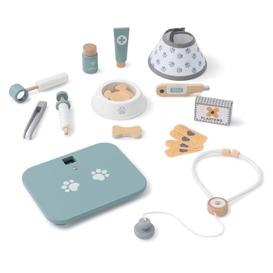 MUSTERKIND 19-tlg. Tierarzt Zubehör Set Mentha mit Stethoskop, Waage, Thermometer, Spritze, Pflaster & Leckerlie - Weiß / Natur / Salbei