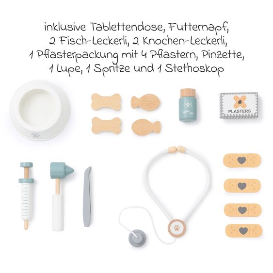 MUSTERKIND 19-tlg. Tierarzt Zubehör Set Mentha mit Stethoskop, Waage, Thermometer, Spritze, Pflaster & Leckerlie - Weiß / Natur / Salbei
