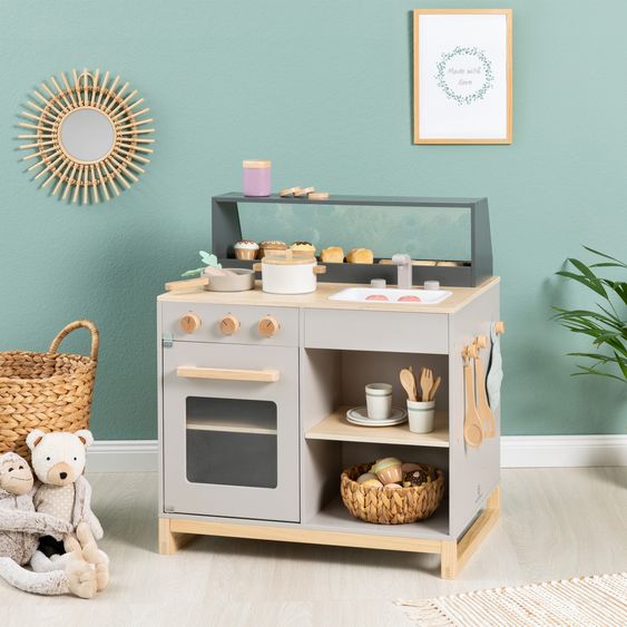 MUSTERKIND 2-in-1 Play Kitchen & Shop Prunus with Stove, Oven, Sink & Sales Counter - Warm Grey Natural