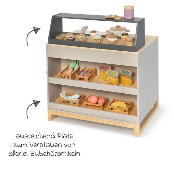 MUSTERKIND 2-in-1 Play Kitchen & Shop Prunus with Stove, Oven, Sink & Sales Counter - Warm Grey Natural