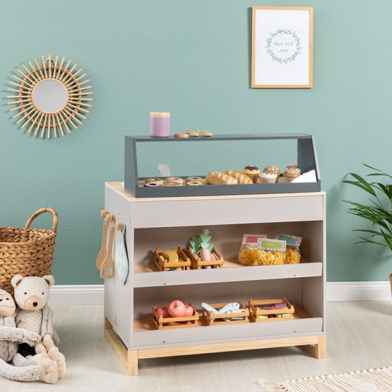 MUSTERKIND 2-in-1 Play Kitchen & Shop Prunus with Stove, Oven, Sink & Sales Counter - Warm Grey Natural