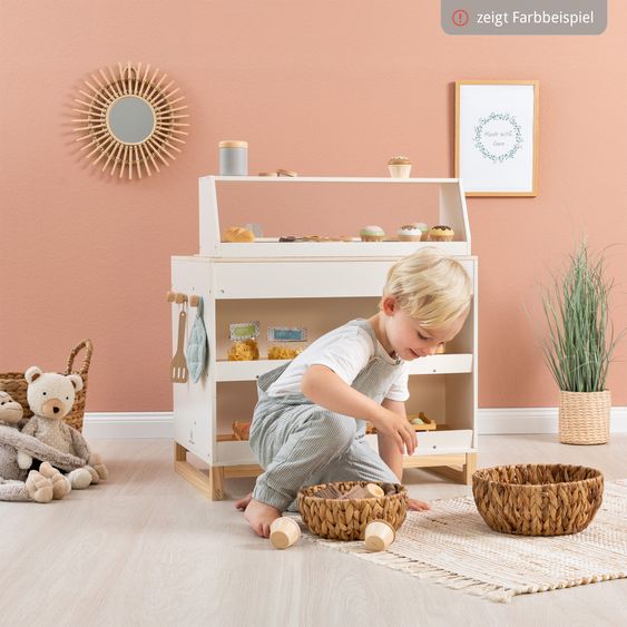 MUSTERKIND 2-in-1 Play Kitchen & Shop Prunus with Stove, Oven, Sink & Sales Counter - Warm Grey Natural