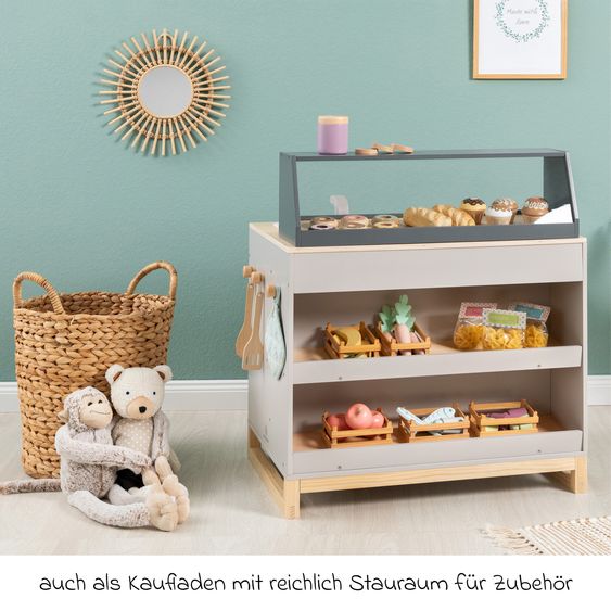 MUSTERKIND 2-in-1 Play Kitchen & Shop Prunus with Stove, Oven, Sink & Sales Counter - Warm Grey Natural