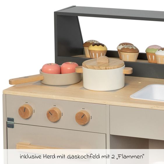 MUSTERKIND 2-in-1 Play Kitchen & Shop Prunus with Stove, Oven, Sink & Sales Counter - Warm Grey Natural