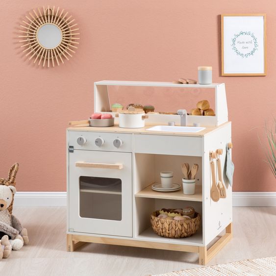 MUSTERKIND 2-in-1 Play Kitchen & Shop Prunus with Stove, Oven, Sink & Sales Counter - White Natural