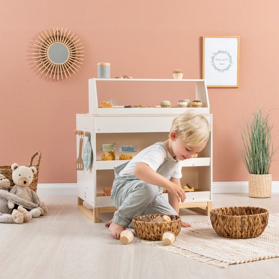 MUSTERKIND 2-in-1 Play Kitchen & Shop Prunus with Stove, Oven, Sink & Sales Counter - White Natural