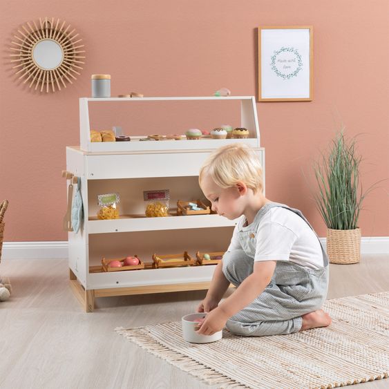 MUSTERKIND 2-in-1 Play Kitchen & Shop Prunus with Stove, Oven, Sink & Sales Counter - White Natural