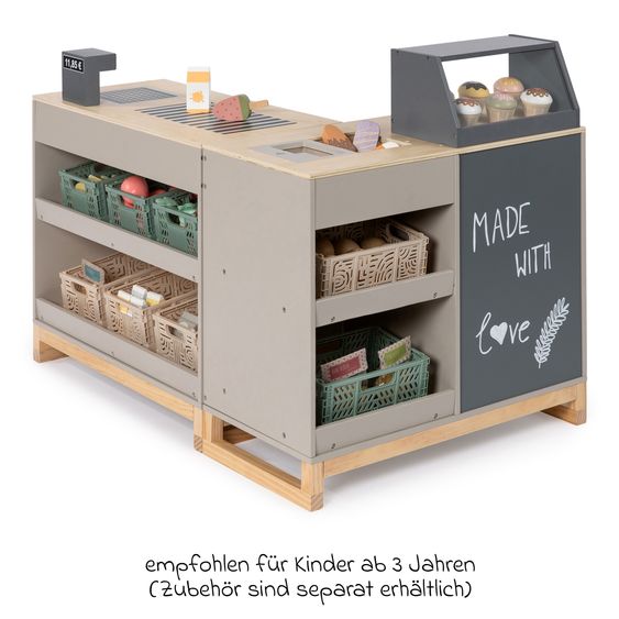 MUSTERKIND 2-pc. Supermarket Play Shop Bollea with Ice Compartment, Cake Display & Cash Register Belt - Warm Grey Natural