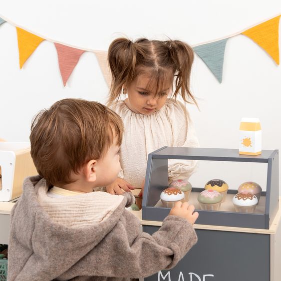 MUSTERKIND 2-pc. Supermarket Play Shop Bollea with Ice Compartment, Cake Display & Cash Register Belt - Warm Grey Natural