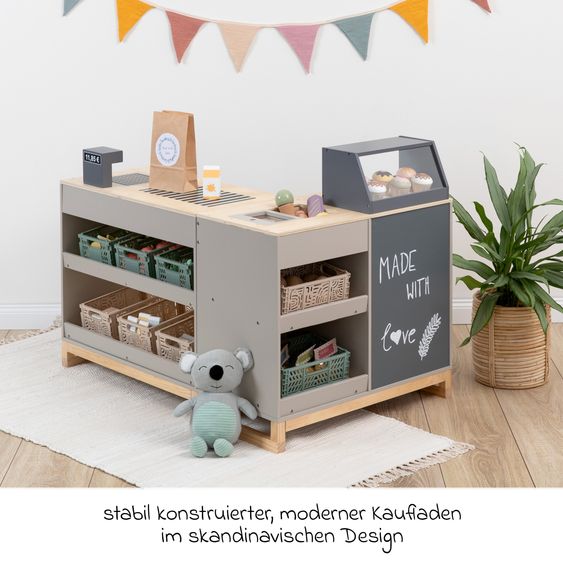 MUSTERKIND 2-pc. Supermarket Play Shop Bollea with Ice Compartment, Cake Display & Cash Register Belt - Warm Grey Natural
