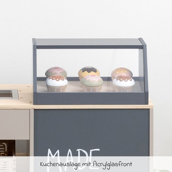 MUSTERKIND 2-pc. Supermarket Play Shop Bollea with Ice Compartment, Cake Display & Cash Register Belt - Warm Grey Natural
