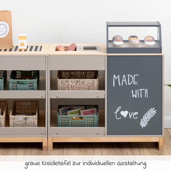 MUSTERKIND 2-pc. Supermarket Play Shop Bollea with Ice Compartment, Cake Display & Cash Register Belt - Warm Grey Natural