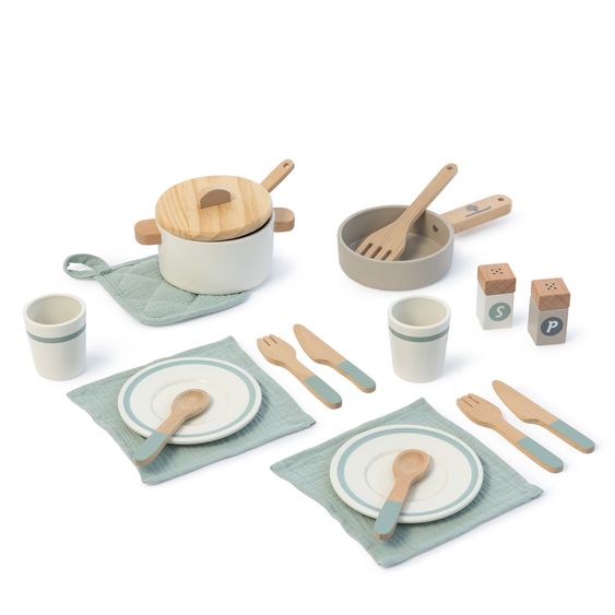 MUSTERKIND 20-tlg. Koch- & Geschirr Set Ariona mit Topf, Pfanne, Besteck und Geschirr - Weiß / Warmgrau / Salbei