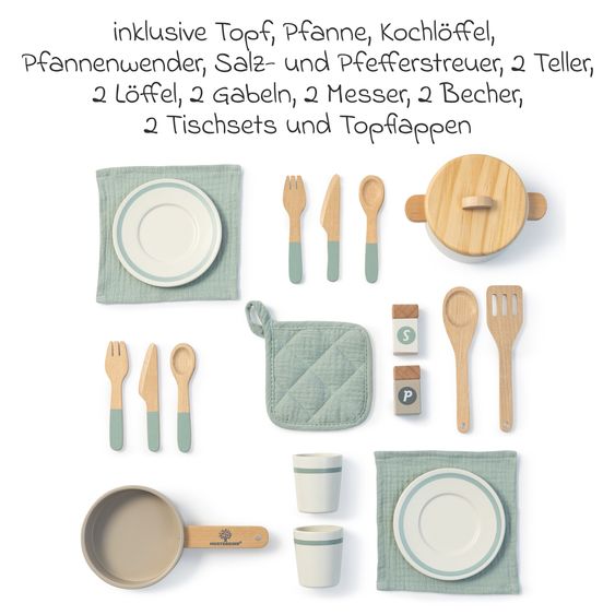 MUSTERKIND 20-tlg. Koch- & Geschirr Set Ariona mit Topf, Pfanne, Besteck und Geschirr - Weiß / Warmgrau / Salbei