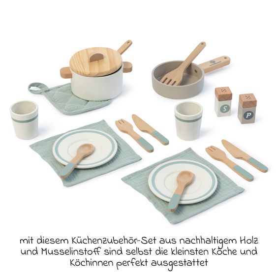 MUSTERKIND 20-tlg. Koch- & Geschirr Set Ariona mit Topf, Pfanne, Besteck und Geschirr - Weiß / Warmgrau / Salbei