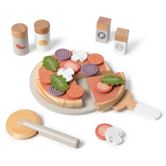 MUSTERKIND 27-tlg. Pizza-Set Fungus mit Teller, Pizza mit Belag, Streuer, Pizzaschneider & Pizzaschieber - Natur / Mehrfarbig