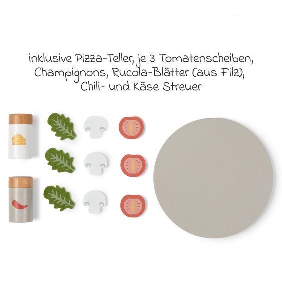 MUSTERKIND 27-tlg. Pizza-Set Fungus mit Teller, Pizza mit Belag, Streuer, Pizzaschneider & Pizzaschieber - Natur / Mehrfarbig