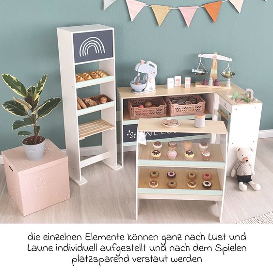 MUSTERKIND 4-pc. Play Shop and Play Kitchen Avena with Oven, Sink, Kitchen Counter & Boards - White Natural Mint