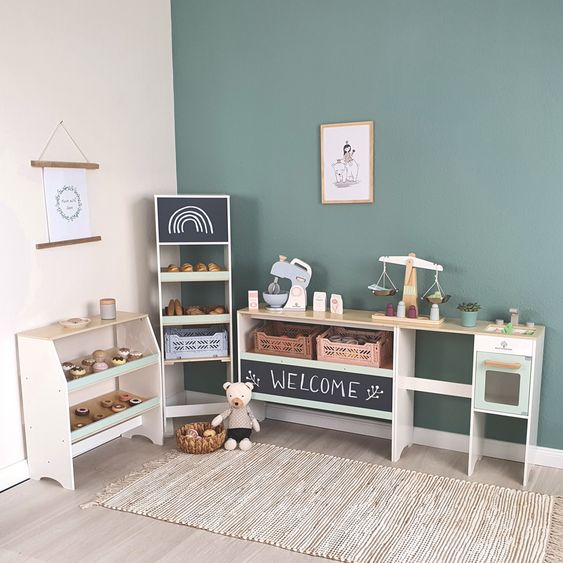 MUSTERKIND 4-pc. Play Shop and Play Kitchen Avena with Oven, Sink, Kitchen Counter & Boards - White Natural Mint