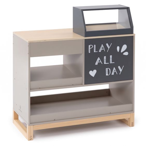 MUSTERKIND Banco giochi per bambini Vinca con esposizione dolci, vano congelatore & lavagna - Warmgrigio / Naturale