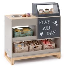 Banco giochi per bambini Vinca con esposizione dolci, vano congelatore & lavagna - Warmgrigio / Naturale