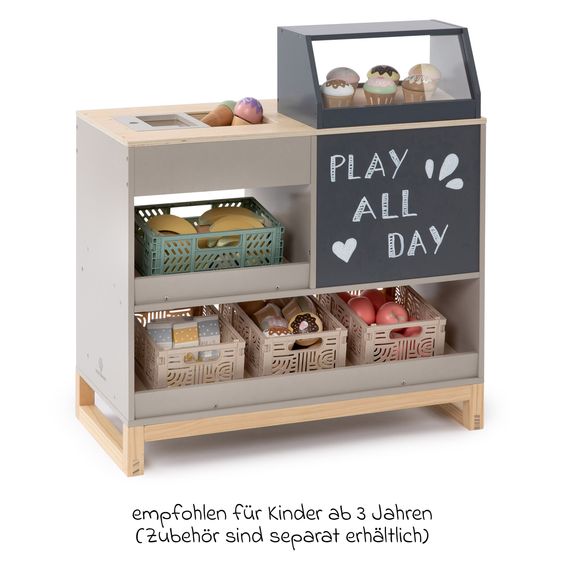 MUSTERKIND Banco giochi per bambini Vinca con esposizione dolci, vano congelatore & lavagna - Warmgrigio / Naturale