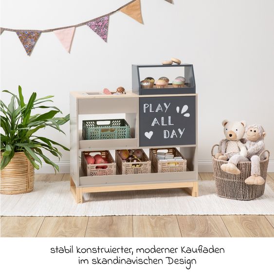 MUSTERKIND Banco giochi per bambini Vinca con esposizione dolci, vano congelatore & lavagna - Warmgrigio / Naturale