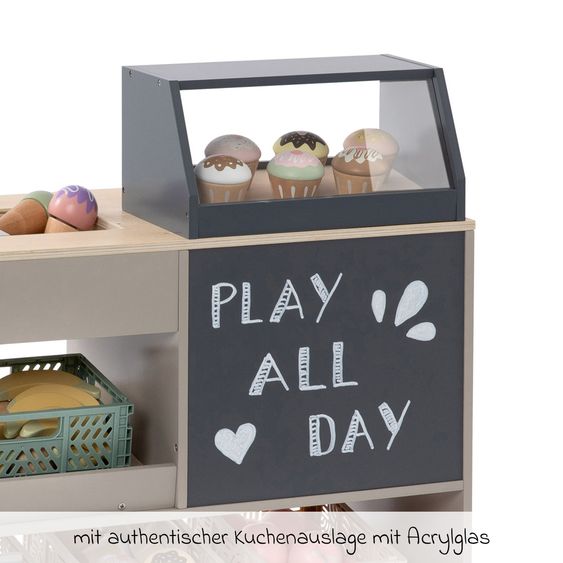 MUSTERKIND Banco giochi per bambini Vinca con esposizione dolci, vano congelatore & lavagna - Warmgrigio / Naturale