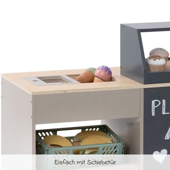 MUSTERKIND Banco giochi per bambini Vinca con esposizione dolci, vano congelatore & lavagna - Warmgrigio / Naturale