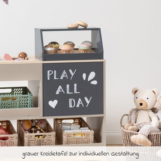 MUSTERKIND Banco giochi per bambini Vinca con esposizione dolci, vano congelatore & lavagna - Warmgrigio / Naturale