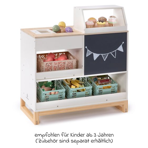 MUSTERKIND Kaufladen Vinca mit Kuchenauslage, Eisfach & Tafel - Weiß / Natur