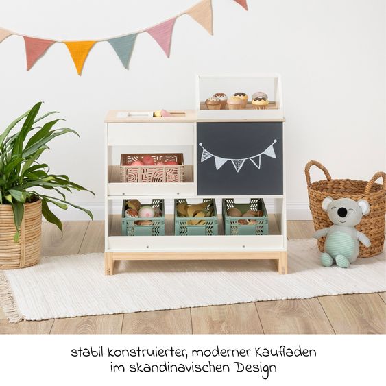 MUSTERKIND Kaufladen Vinca mit Kuchenauslage, Eisfach & Tafel - Weiß / Natur