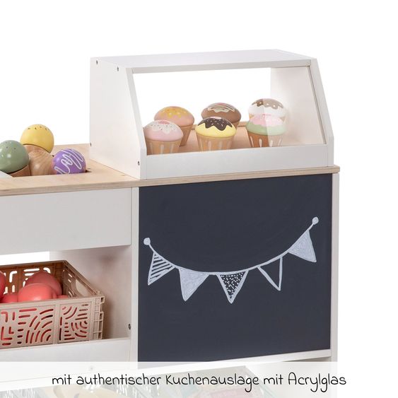 MUSTERKIND Kaufladen Vinca mit Kuchenauslage, Eisfach & Tafel - Weiß / Natur