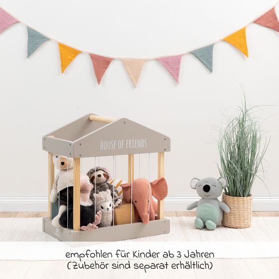 MUSTERKIND Plüschtier-Box House of Friends mit elastischen Bänder & Tragegriff - Warmgrau / Natur
