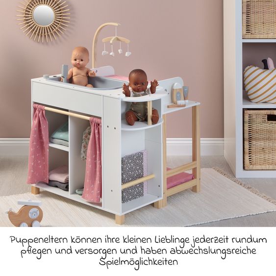 MUSTERKIND Puppen-Center Viola mit Badewanne, Wickelauflage, Kleiderschrank, Hochstuhl & Mobile - Weiß/ / Natur / Altrosa