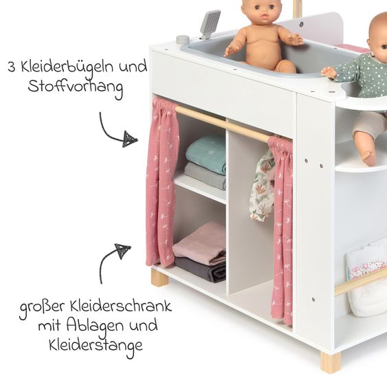 MUSTERKIND Puppen-Center Viola mit Badewanne, Wickelauflage, Kleiderschrank, Hochstuhl & Mobile - Weiß/ / Natur / Altrosa