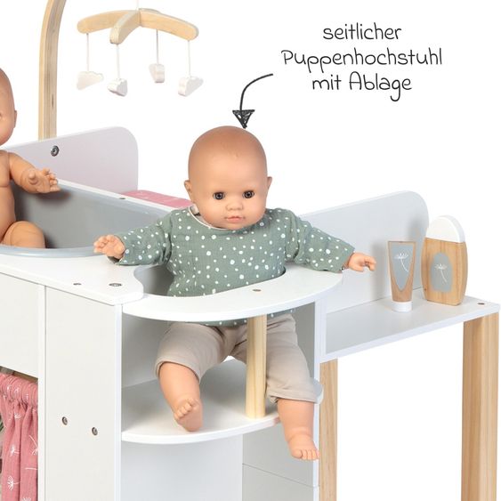 MUSTERKIND Puppen-Center Viola mit Badewanne, Wickelauflage, Kleiderschrank, Hochstuhl & Mobile - Weiß/ / Natur / Altrosa