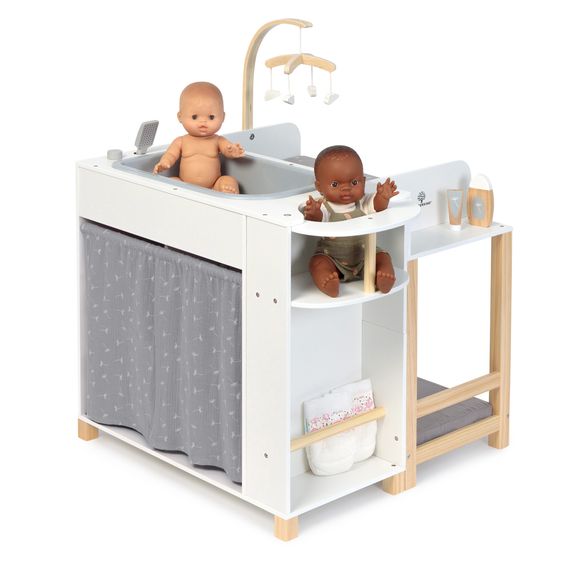 MUSTERKIND Centro Bambole Viola con vasca da bagno, fasciatoio, armadio, seggiolone & mobile - Bianco / Naturale / Grigio