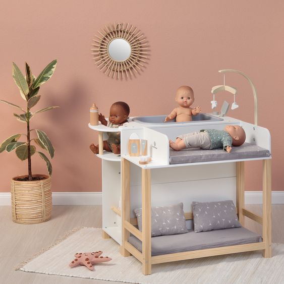 MUSTERKIND Centro Bambole Viola con vasca da bagno, fasciatoio, armadio, seggiolone & mobile - Bianco / Naturale / Grigio