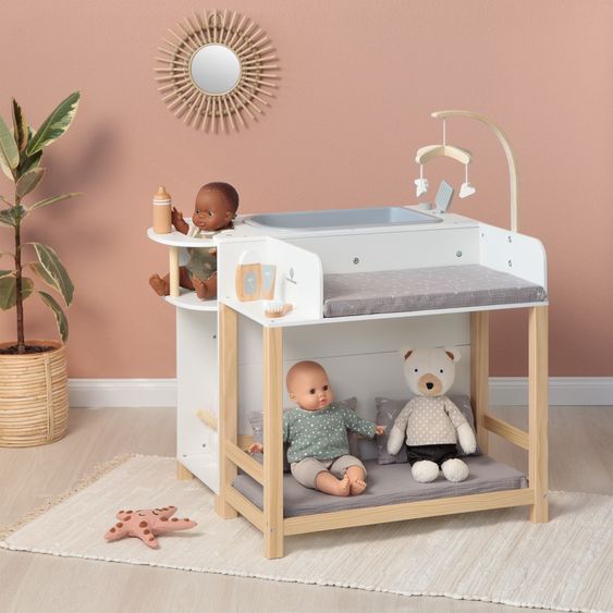 MUSTERKIND Centro Bambole Viola con vasca da bagno, fasciatoio, armadio, seggiolone & mobile - Bianco / Naturale / Grigio