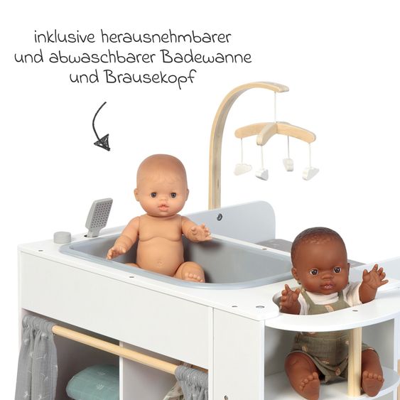 MUSTERKIND Centro Bambole Viola con vasca da bagno, fasciatoio, armadio, seggiolone & mobile - Bianco / Naturale / Grigio
