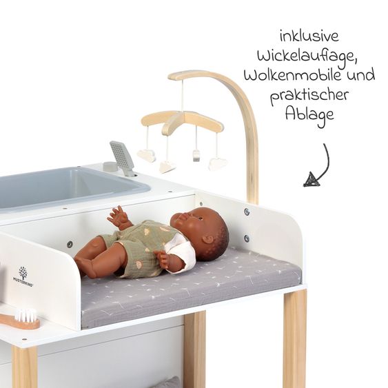 MUSTERKIND Centro Bambole Viola con vasca da bagno, fasciatoio, armadio, seggiolone & mobile - Bianco / Naturale / Grigio
