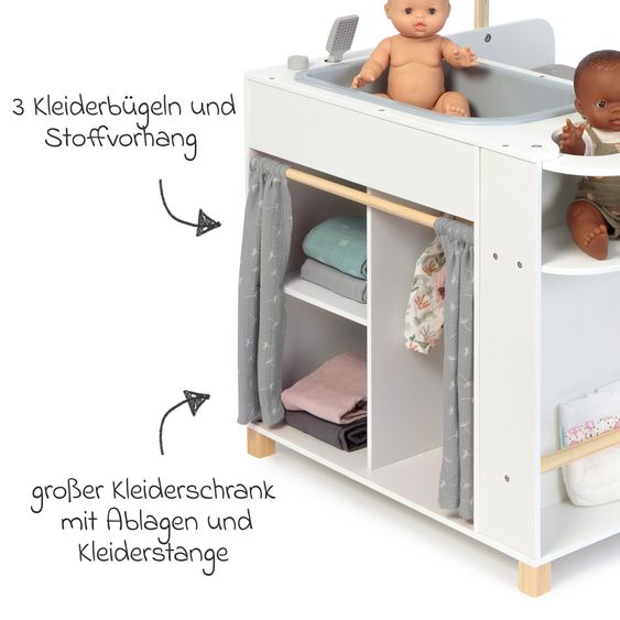 MUSTERKIND Centro Bambole Viola con vasca da bagno, fasciatoio, armadio, seggiolone & mobile - Bianco / Naturale / Grigio