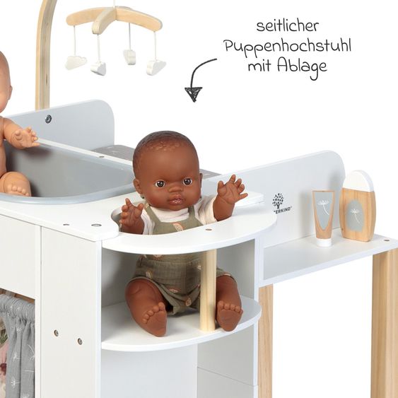 MUSTERKIND Centro Bambole Viola con vasca da bagno, fasciatoio, armadio, seggiolone & mobile - Bianco / Naturale / Grigio